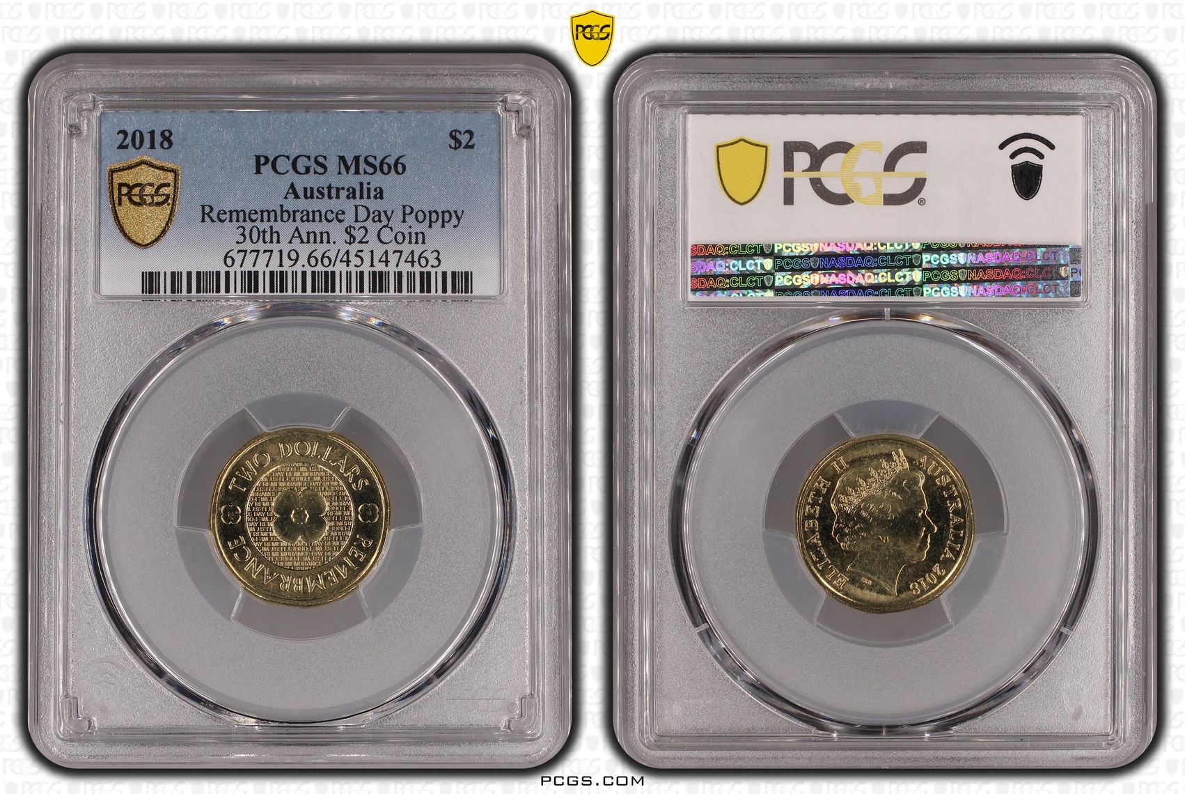 2018 Australia Two Dollar, $2 Remembrance Day Poppy 30th Ann. $2 Coin PCGS - MS66 -463