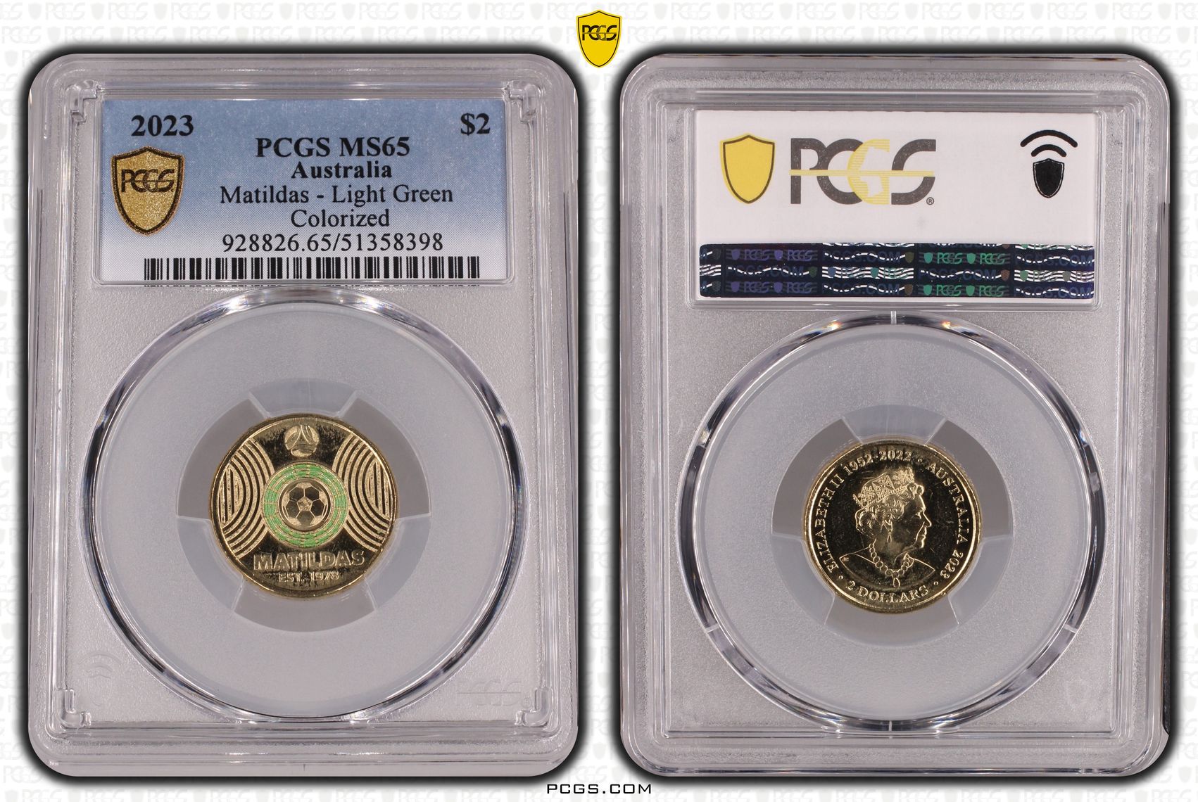 Matildas - Light Green Colorized, Two Dollar, 2023, PCGS MS65