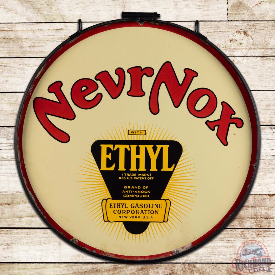 NevrNox Ethyl Gasoline 30" Double Sided Porcelain Sign w/ Ring