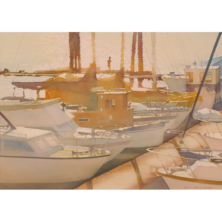 Kiff Holland Harbor Scene Original Watercolor Framed- 27x33''