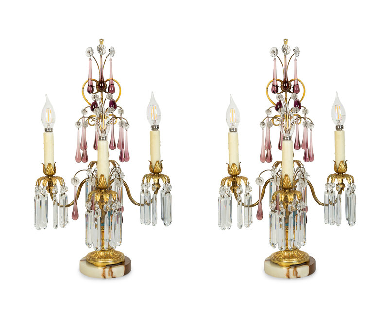 A Pair of Italian Gilt Bronze and Glass Three-Light Candelabra 
Height 22 1/2 inches.