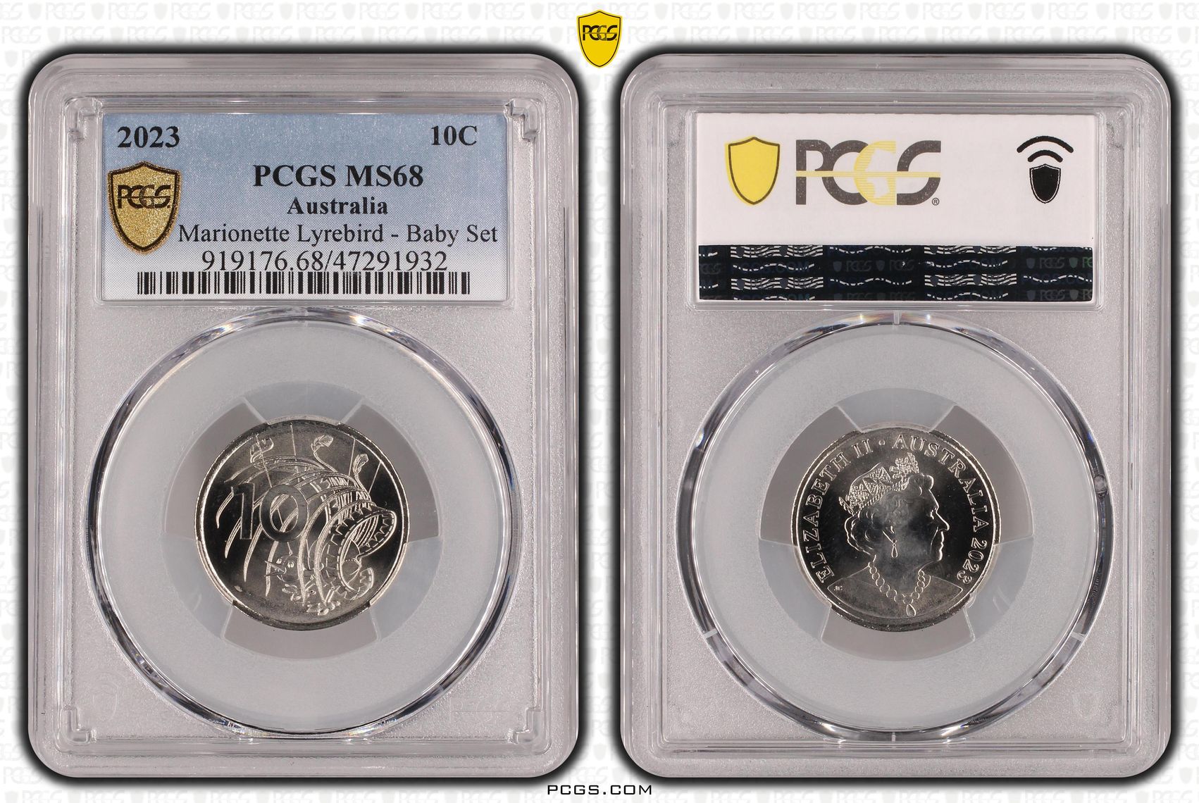Elizabeth II, Marionette Lyrebird - Baby Set, Ten Cent, 2023, PCGS MS68