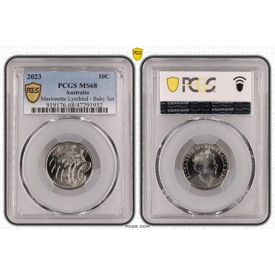 Elizabeth II, Marionette Lyrebird - Baby Set, Ten Cent, 2023, PCGS MS68