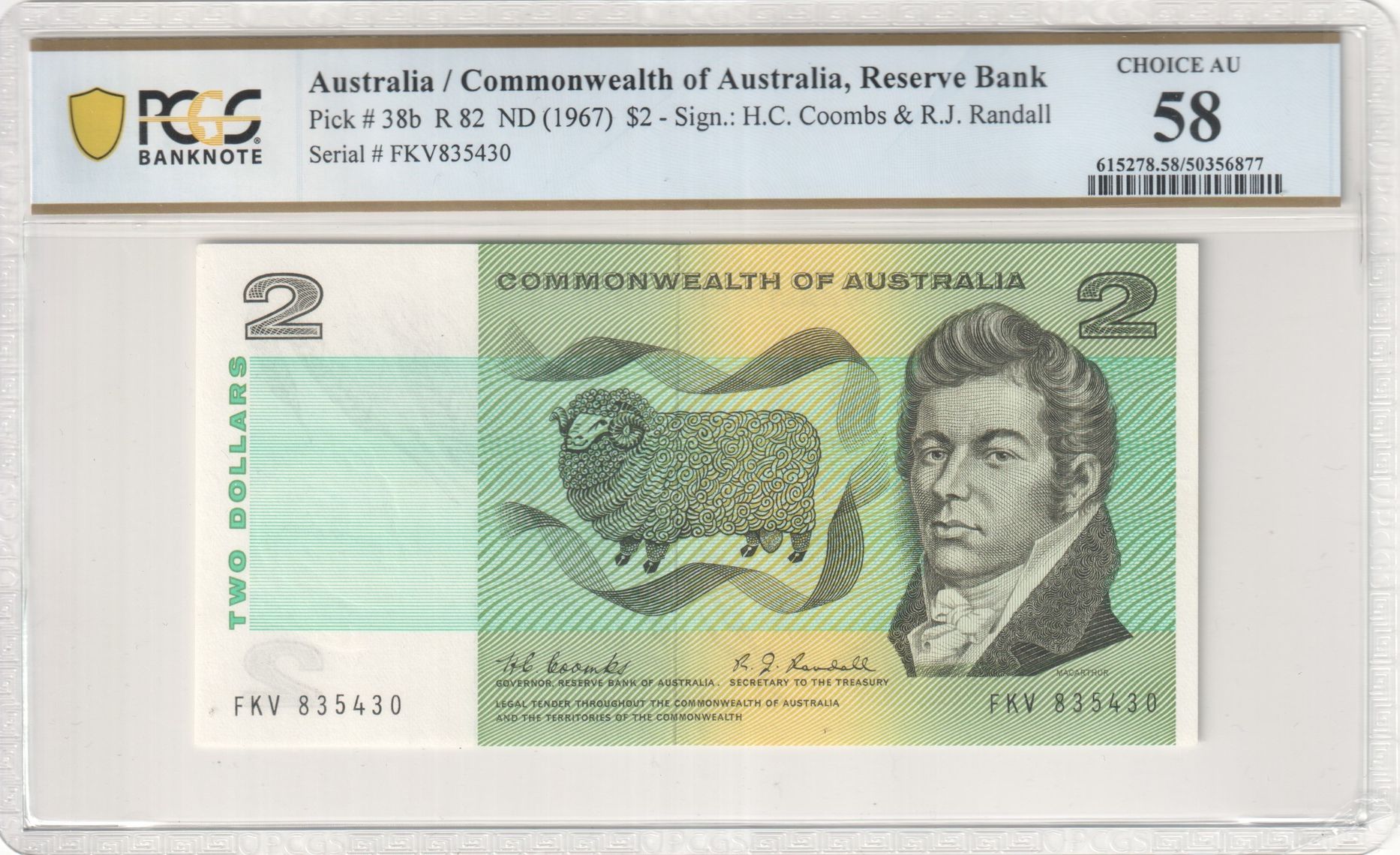 Coombs/Randall, Two Dollar, 1967, PCGS Choice AU 58