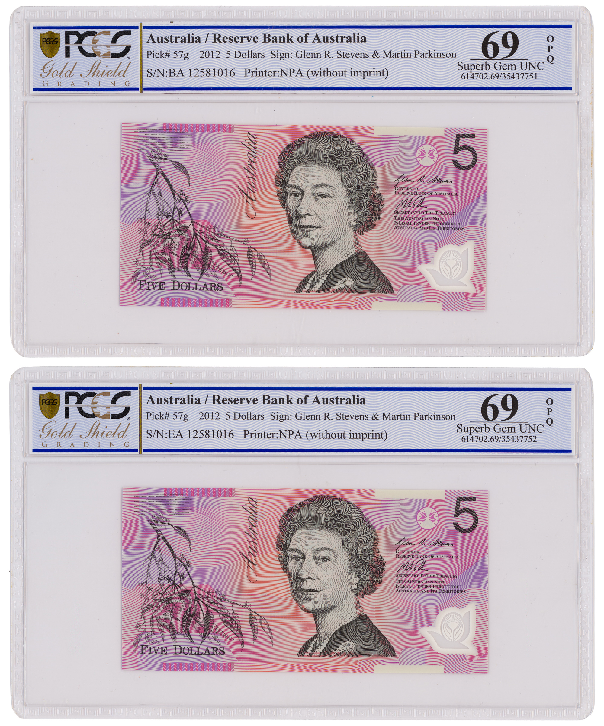 454 · Stevens/Parkinson, First/Last Prefix Pair, Five Dollar, 2012, PCGS Superb Gem UNC 69 PPQ
