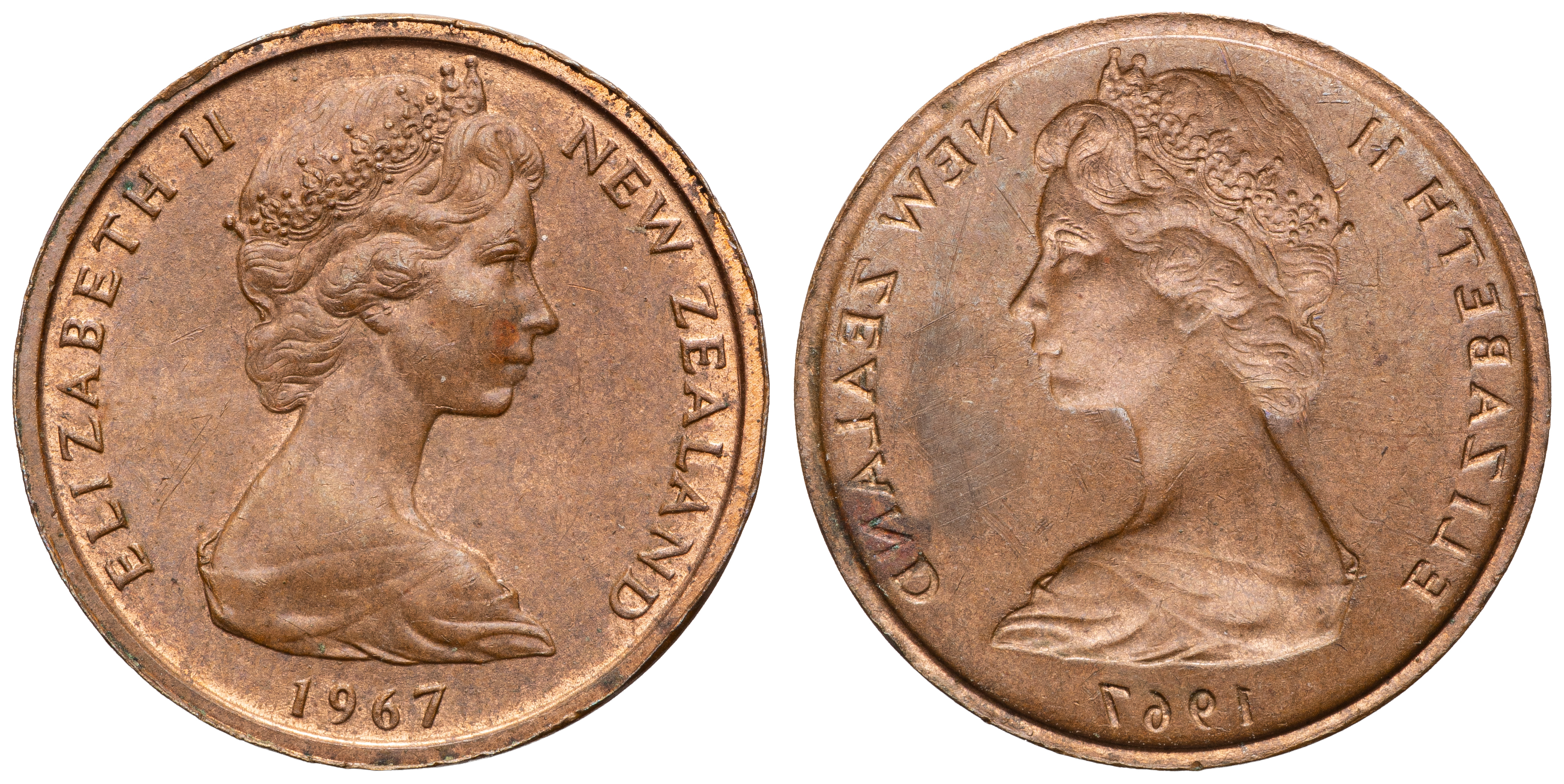 New Zealand, Elizabeth II, Brockage Error, One Cent, 1967, EF
