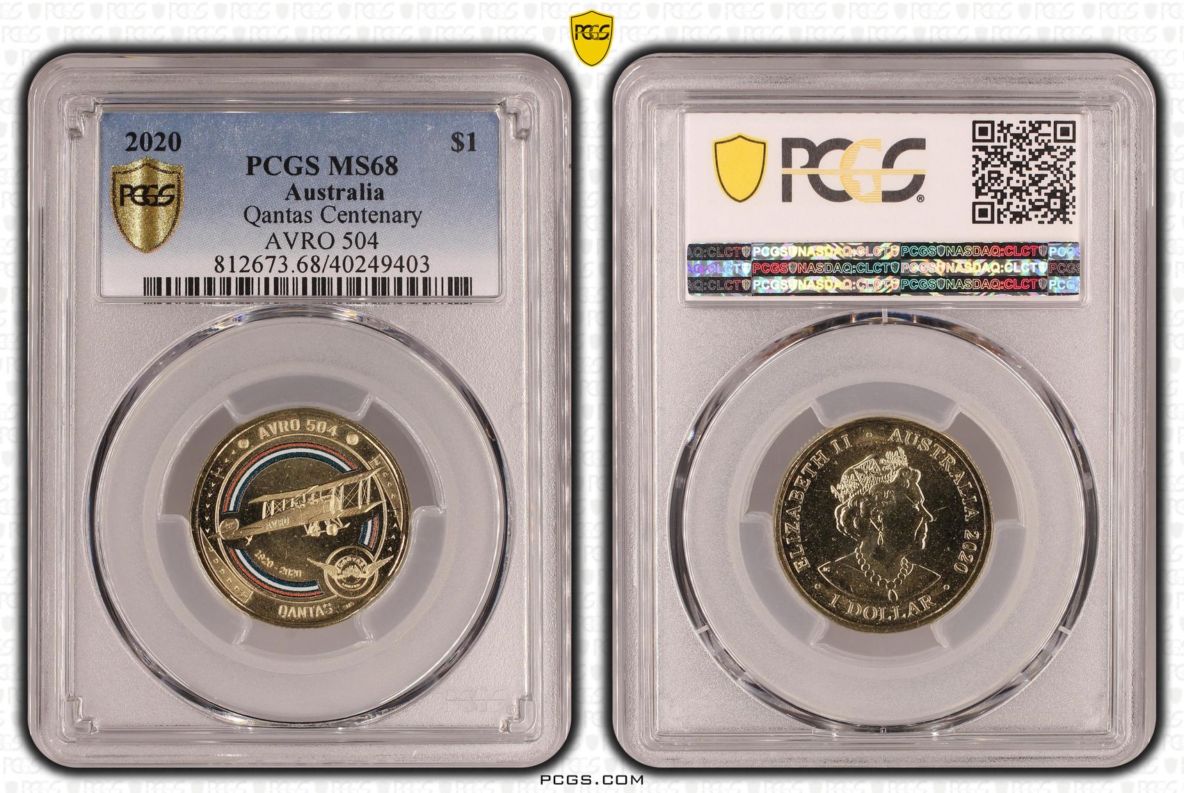 470 · Qantas Centenary AVRO 504, One Dollar, 2020, PCGS MS68