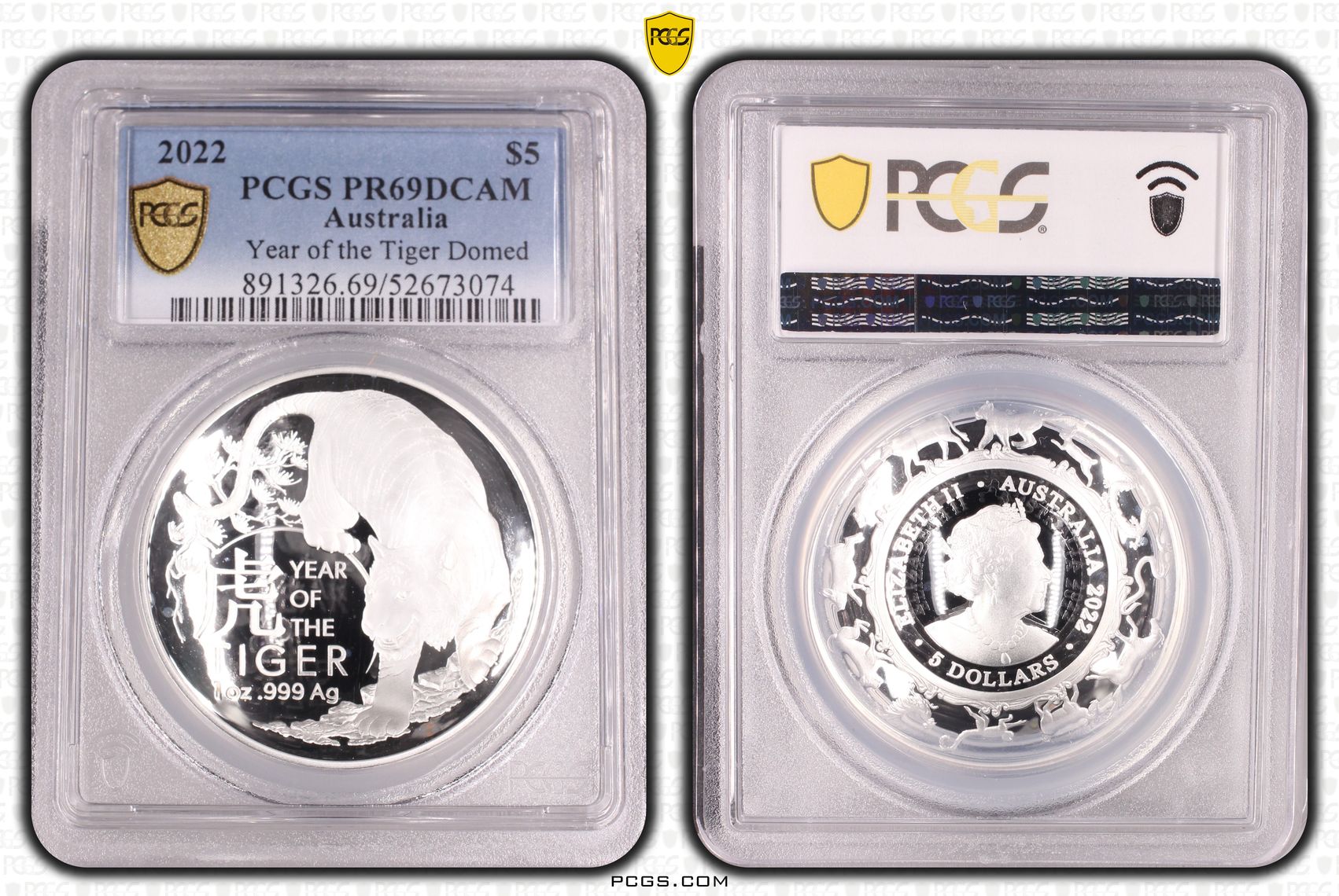Year of the Tiger Domed, Five Dollar, 2022, PCGS PR69DCAM