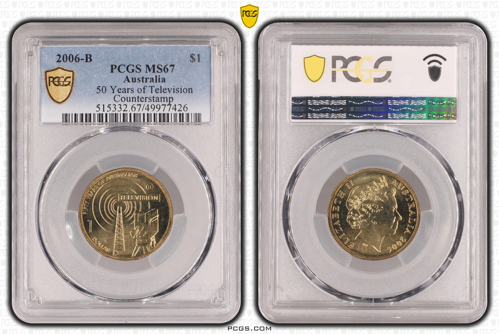 218 · 50 Years of Television Counterstamp , One Dollar, 2006-B, PCGS MS67