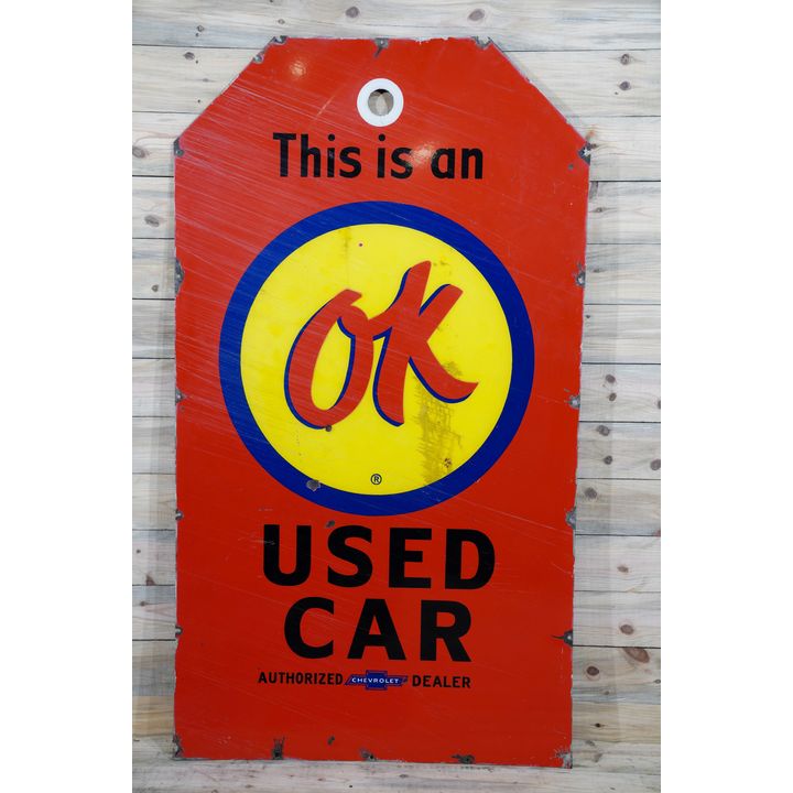 Chevrolet This Is An OK Used Car Large Tag Single Sided Porcelain Diecut Sign TAC 6.5