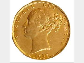 1857 Queen Victoria Young Head London Mint Shield Gold Sovereign.