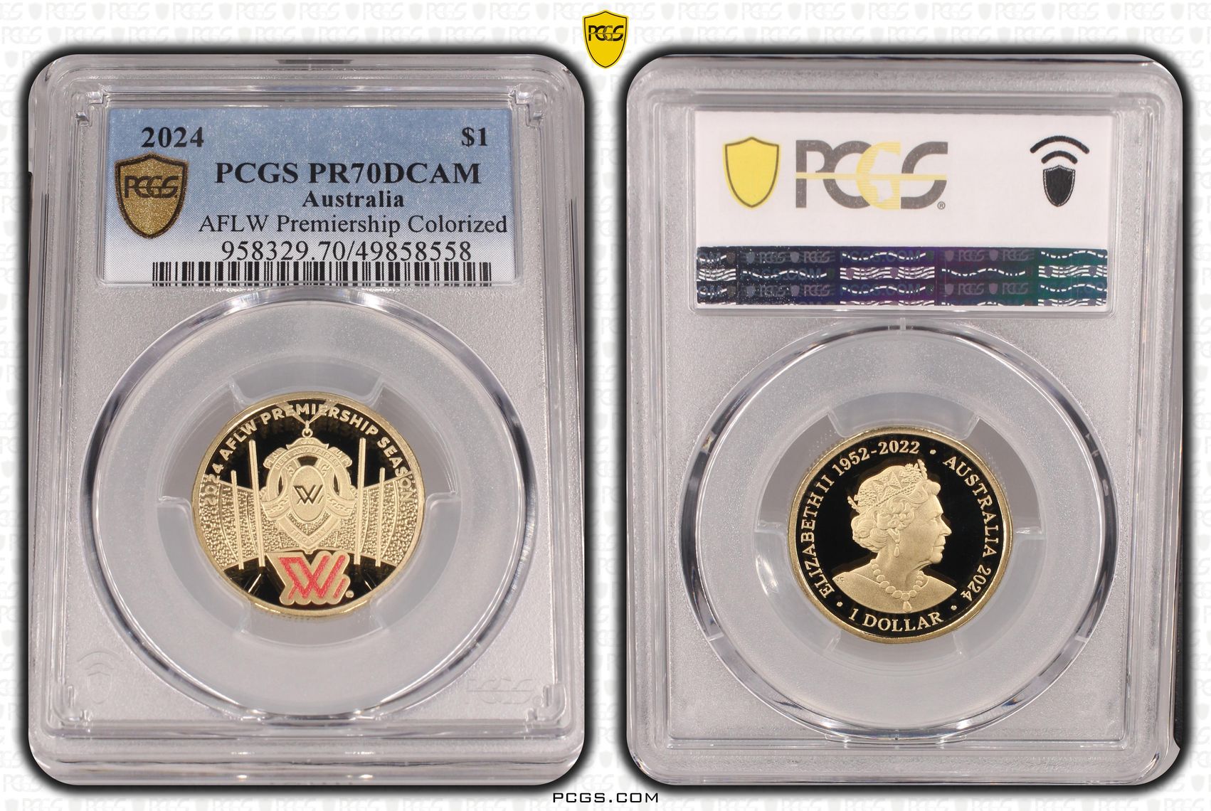 Elizabeth II, AFLW Premiership Colorized POP 14/0, One Dollar, 2024, PCGS PR70DCAM