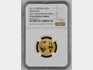 2017 PROOF 1/4 GOLD BRITANNIA PF69 UCAM 25 POUND ELIZABETH II