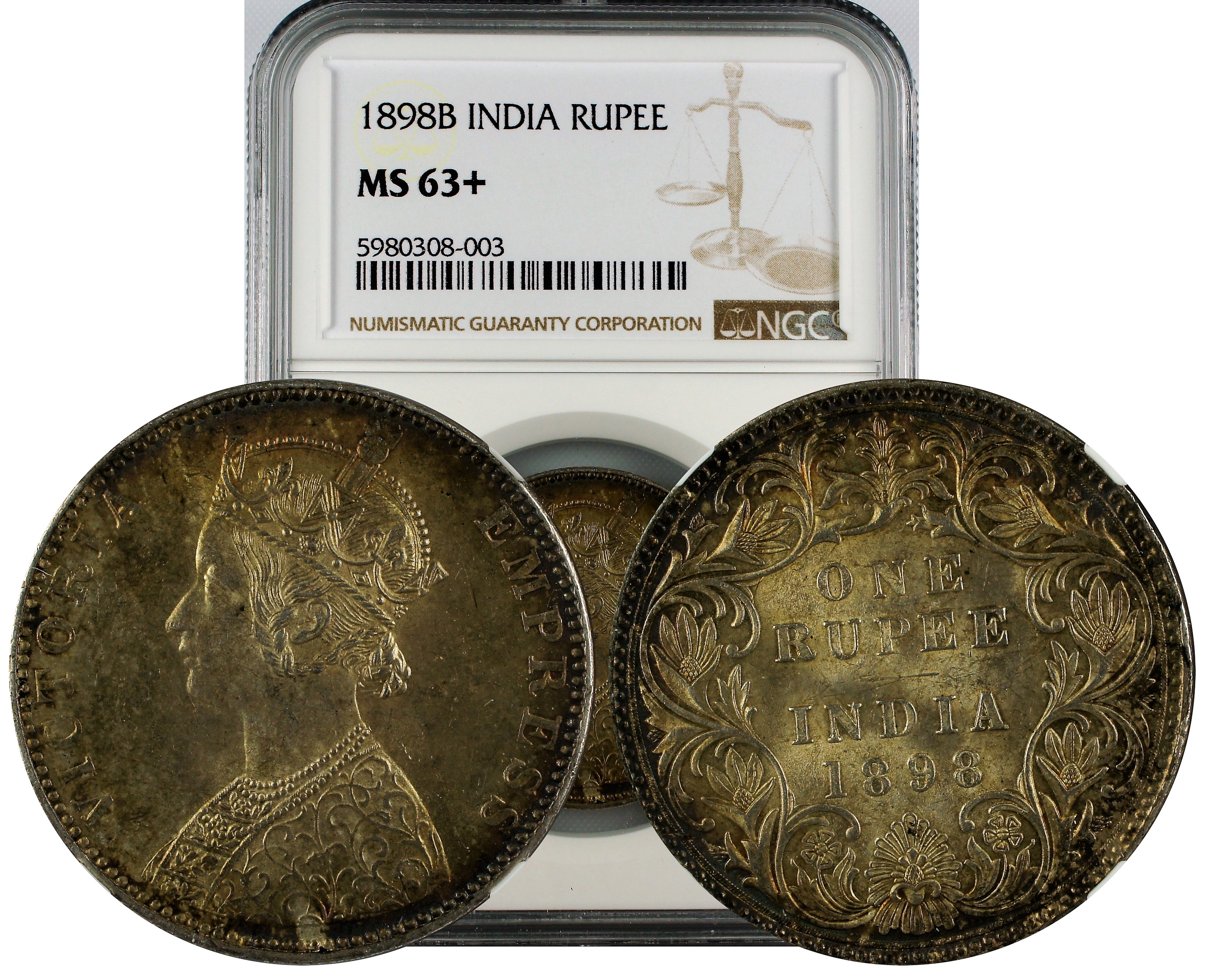 India British 1898 B Rupee NGC MS63+