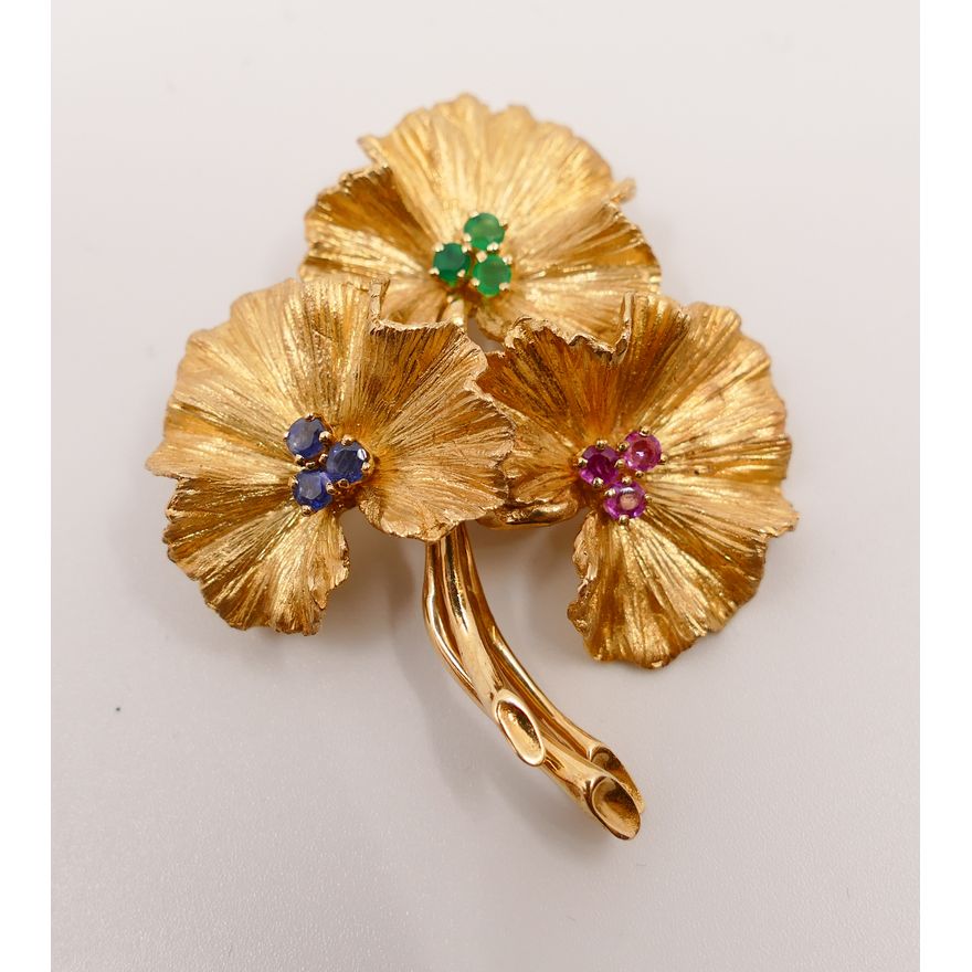 14K Gemstone Leaf Brooch- emeralds, sapphires, etc. 2''- 13.7g TW