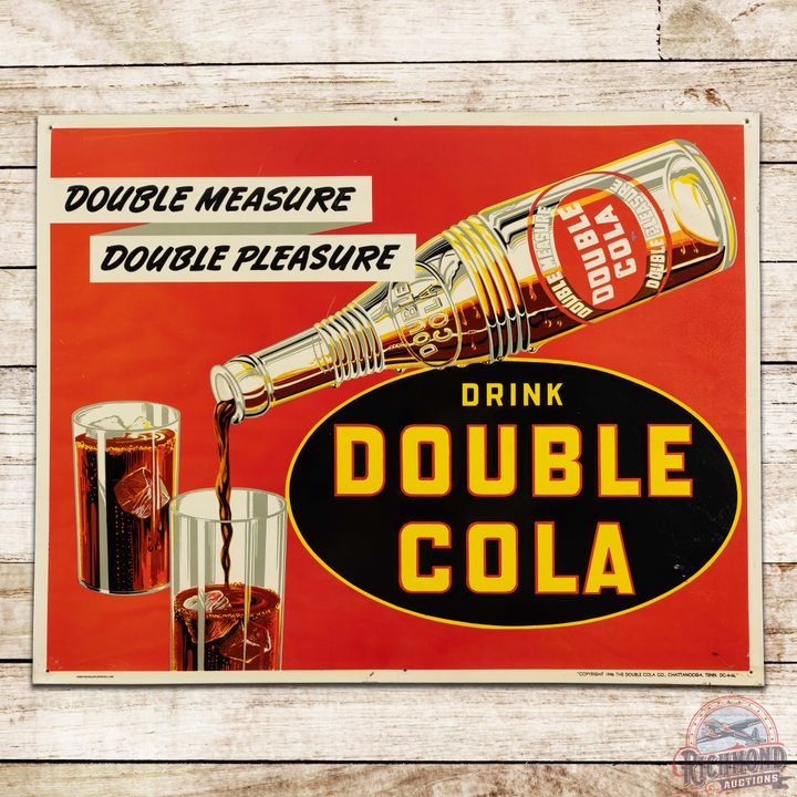 1946 Drink Double Cola "Double Measure Double Pleasure" Single Sided Tin Sign w/ Bottle & Glasses