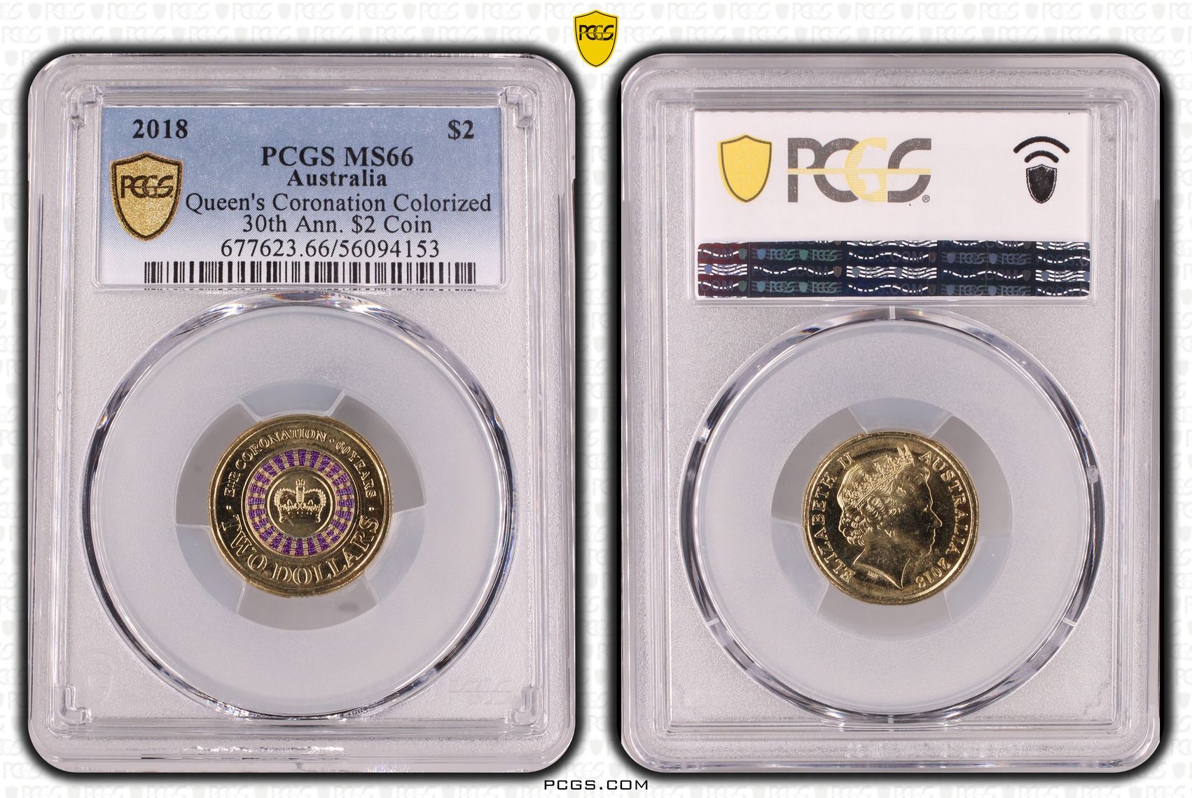 Queen's Coronation Colorized 30th Ann. $2 Coin, Two Dollar, 2018, PCGS MS66