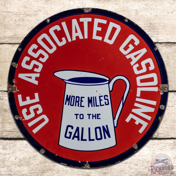 Use Associated Gasoline "More Miles to the Gallon" 24" Double Sided Porcelain Sign