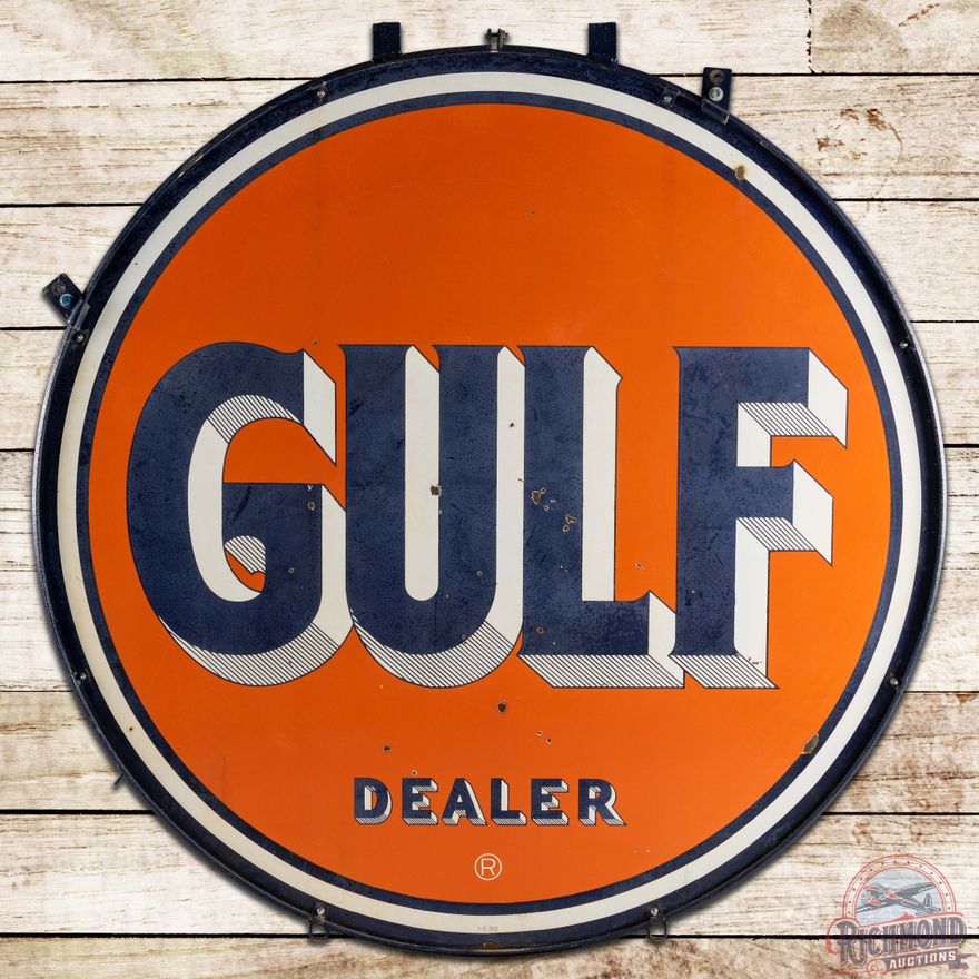 Gulf Dealer Gasoline 66" DS Porcelain ID Sign w/ Ring