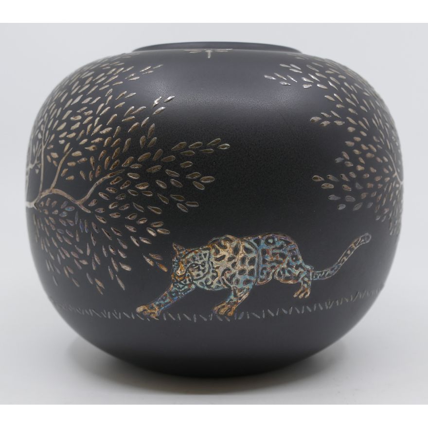 Emilia Castillo Inlaid Silver Tree and Animal Vase 5''x6''