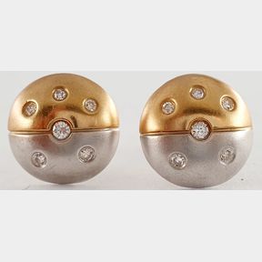 18CT WHITE & YELLOW GOLD DOME EARRINGS WITH 12 ROUND DIAMONDS = 0,130CTS COLOUR I/J CLARITY VS/SI-51921/355