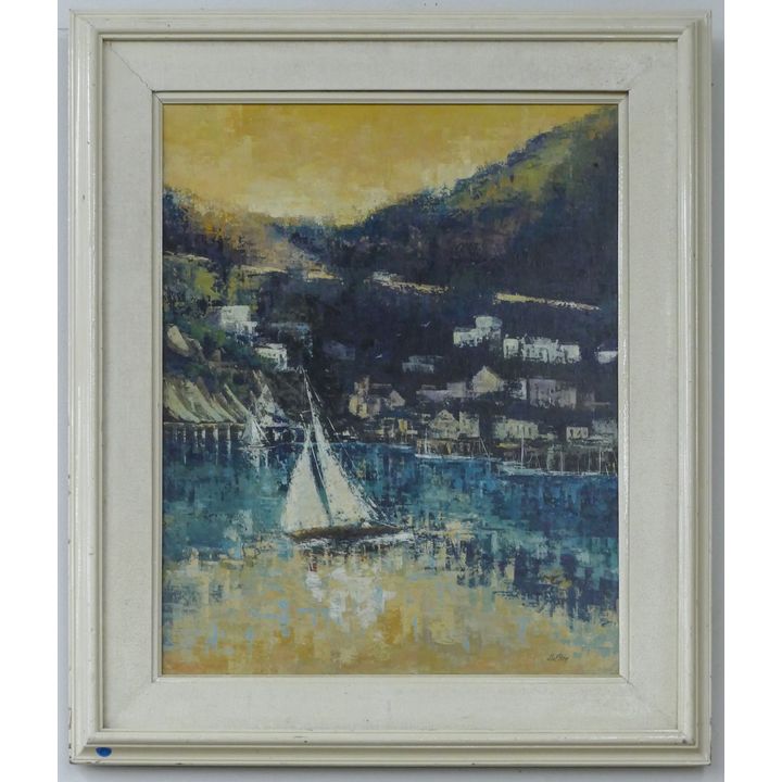 Mid Century Sailboat Waterfront Oil Painting Framed 36''x30''