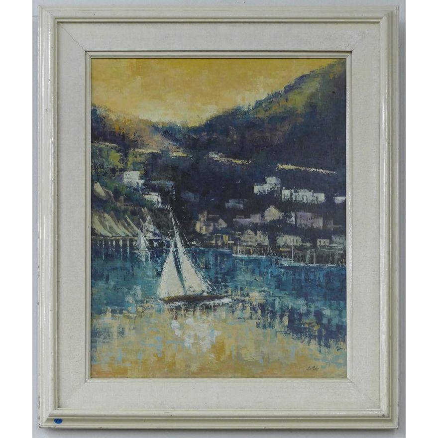 Mid Century Sailboat Waterfront Oil Painting Framed 36''x30''