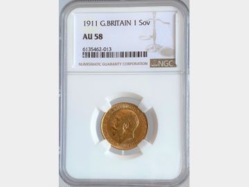 1911 GEORGE V LONDON MINT GOLD SOVEREIGN AU58