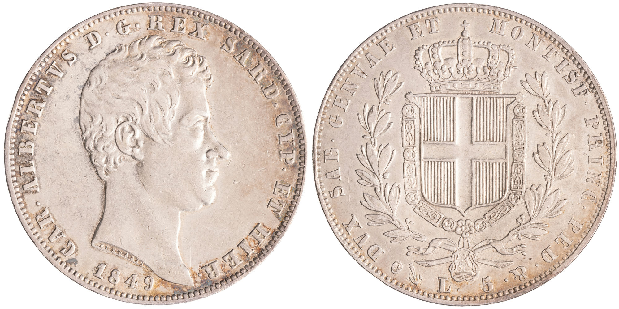 Italian States, Charles Albert, Kingdom of Piedmont-Sardinia, Five Lire, 1849-P, EF