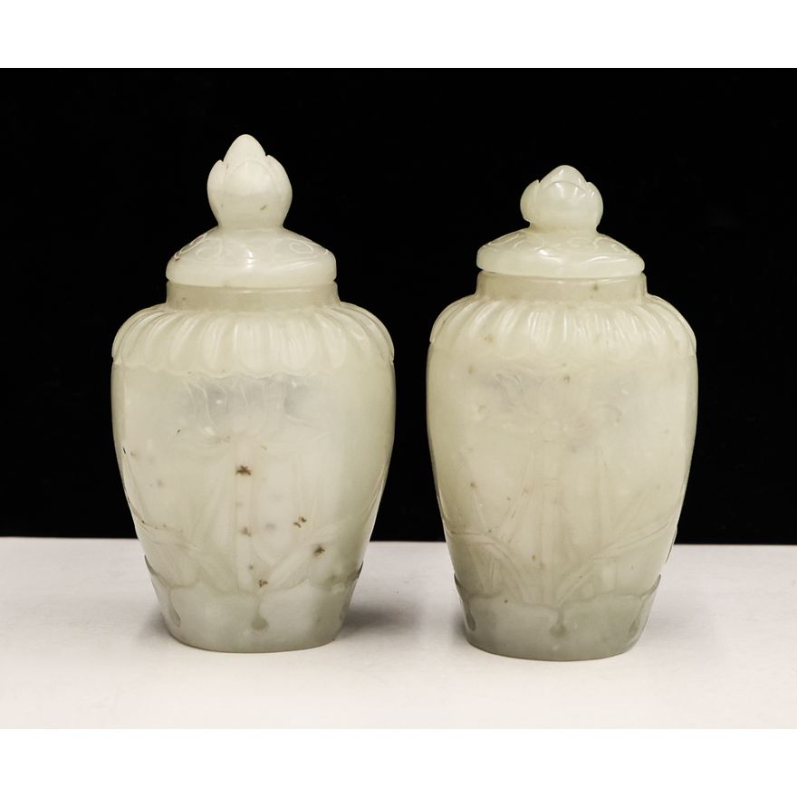 Pair Chinese Jade Miniature Covered Urns