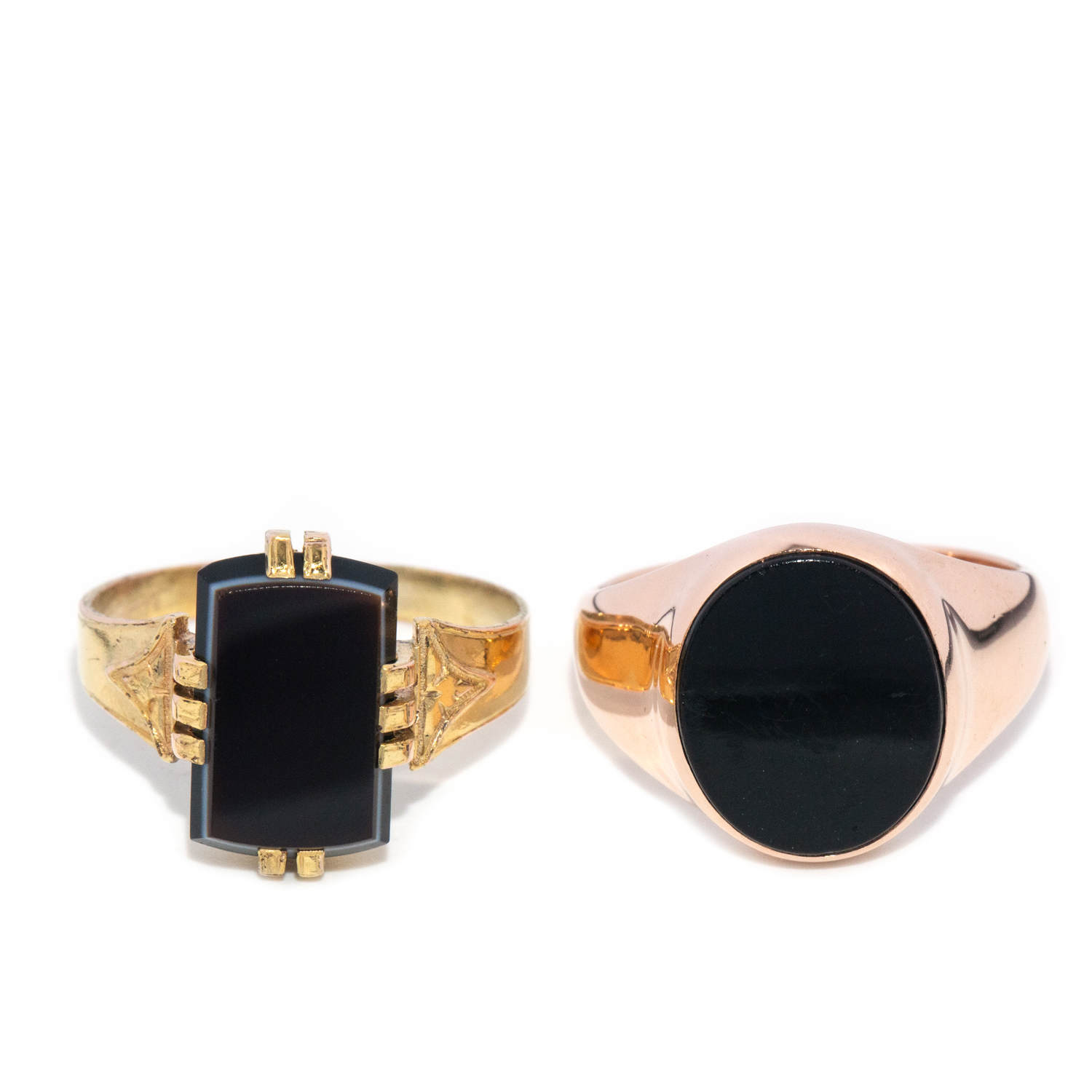 128 · Onyx Signet Ring in 9ct Rose Gold & Onyx Ring  in 15ct Gold