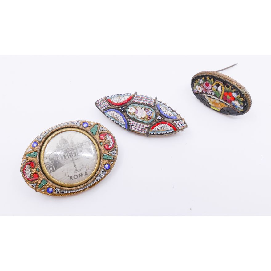 Box 3pc Antique Micromosaic Brooches