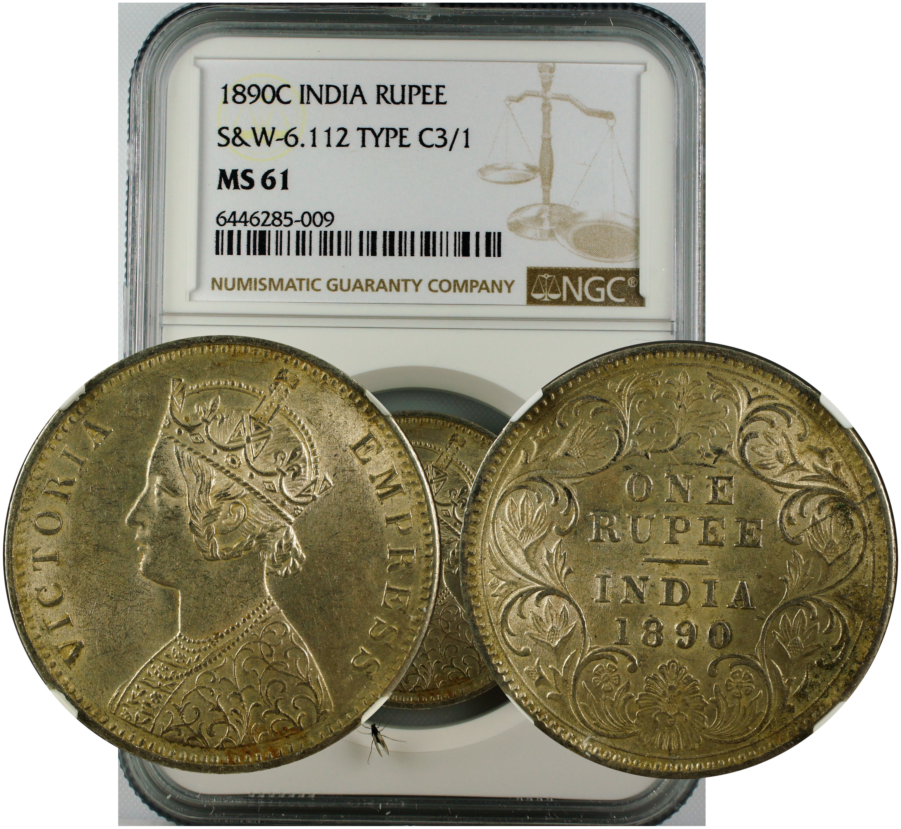 1890 C INDIA RUPEE S&W-6.112 TYPE C3/1 MS61