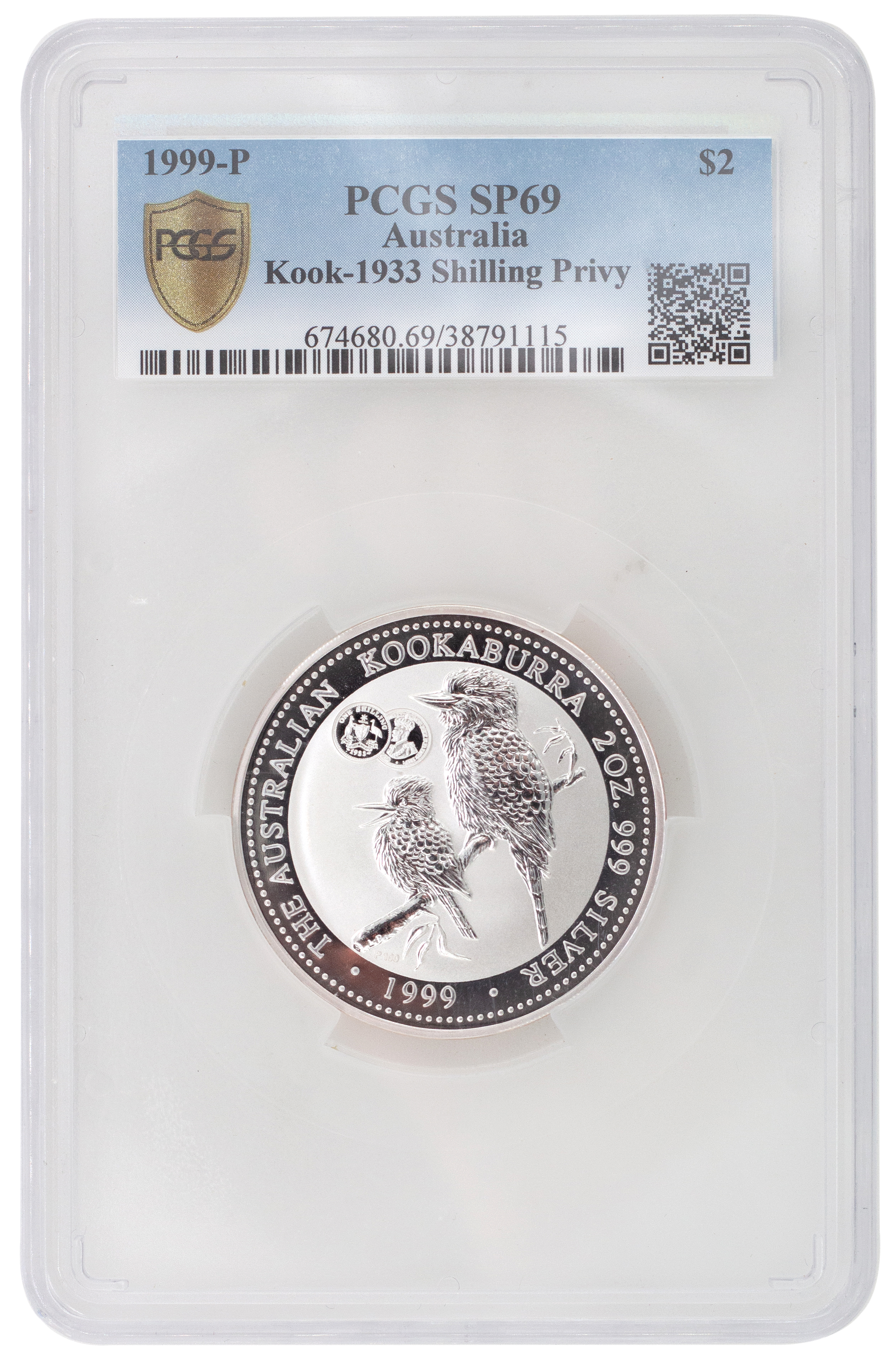Elizabeth II, 2oz Kookaburra, Two Dollars, 1999-P, PCGSSP 69