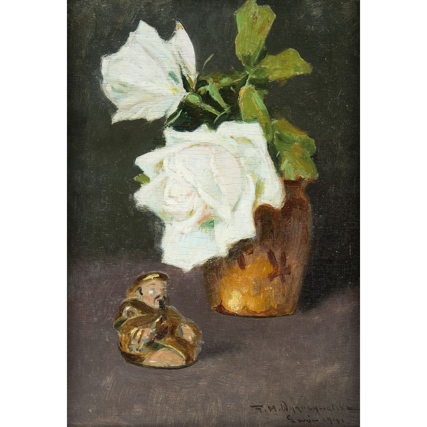 Feliks Michał Wygrzywalski | Kwiaty białej  róży i figurka buddy, 1941 r