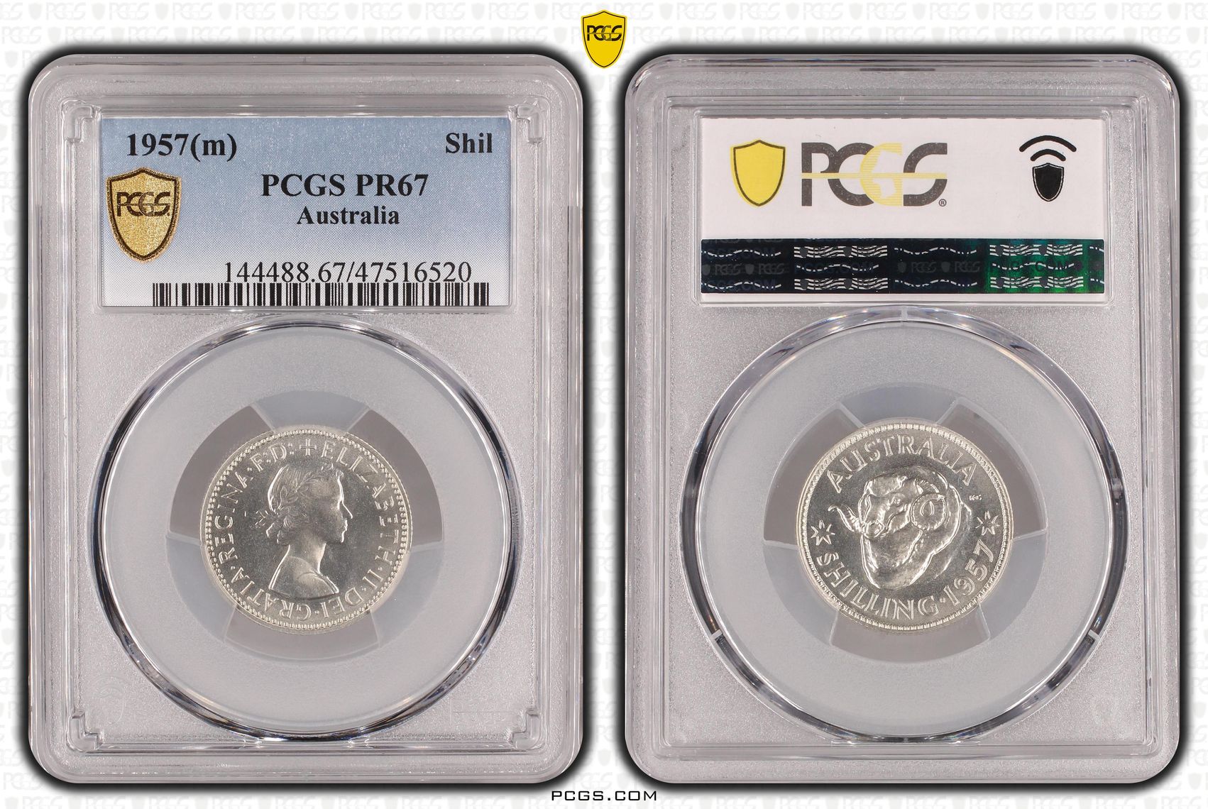 Shilling, 1957(m) POP Report 19/0, PCGS PR 67