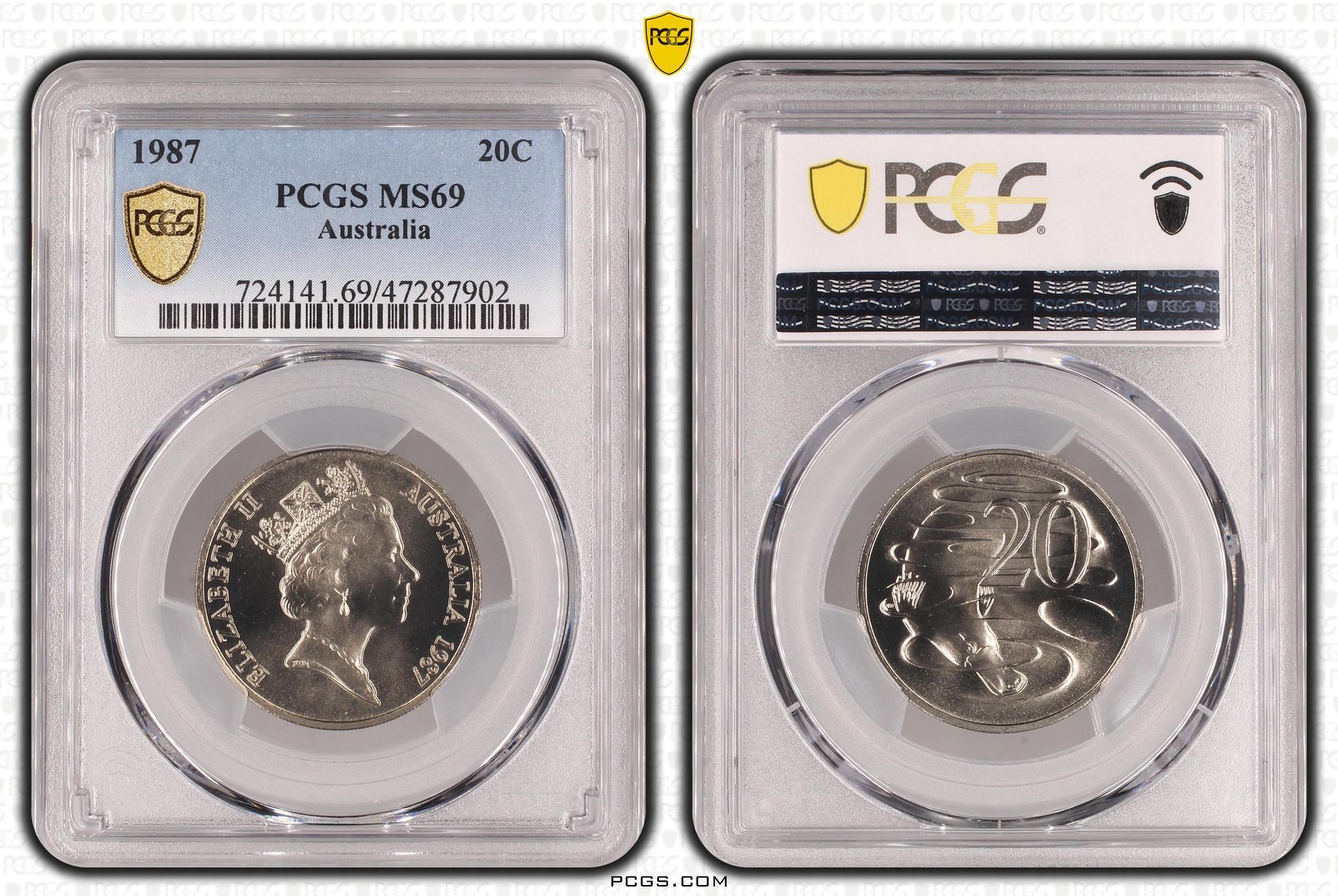 53 · Elizabeth II, Pop 8/0, Twenty Cent, 1987, PCGS MS69