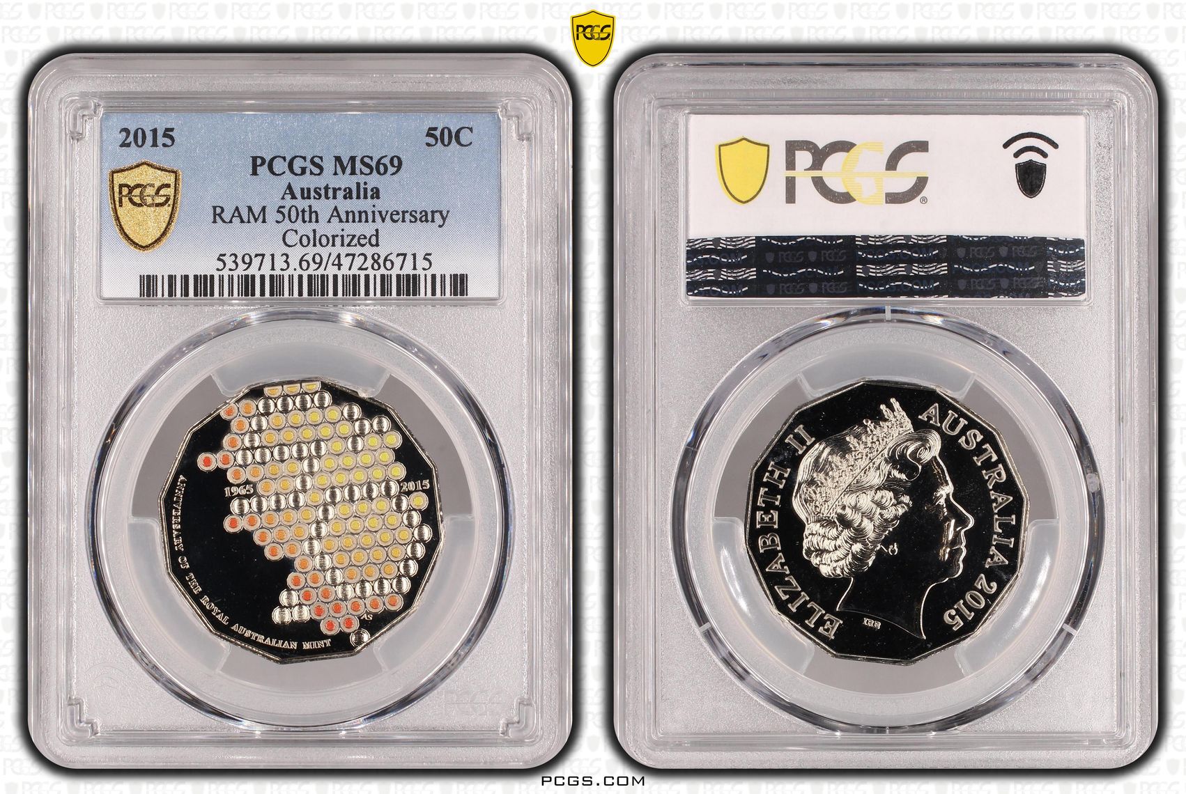 Elizabeth II, RAM 50th Anniversary Colorized, Fifty Cent, 2015, PCGS MS69