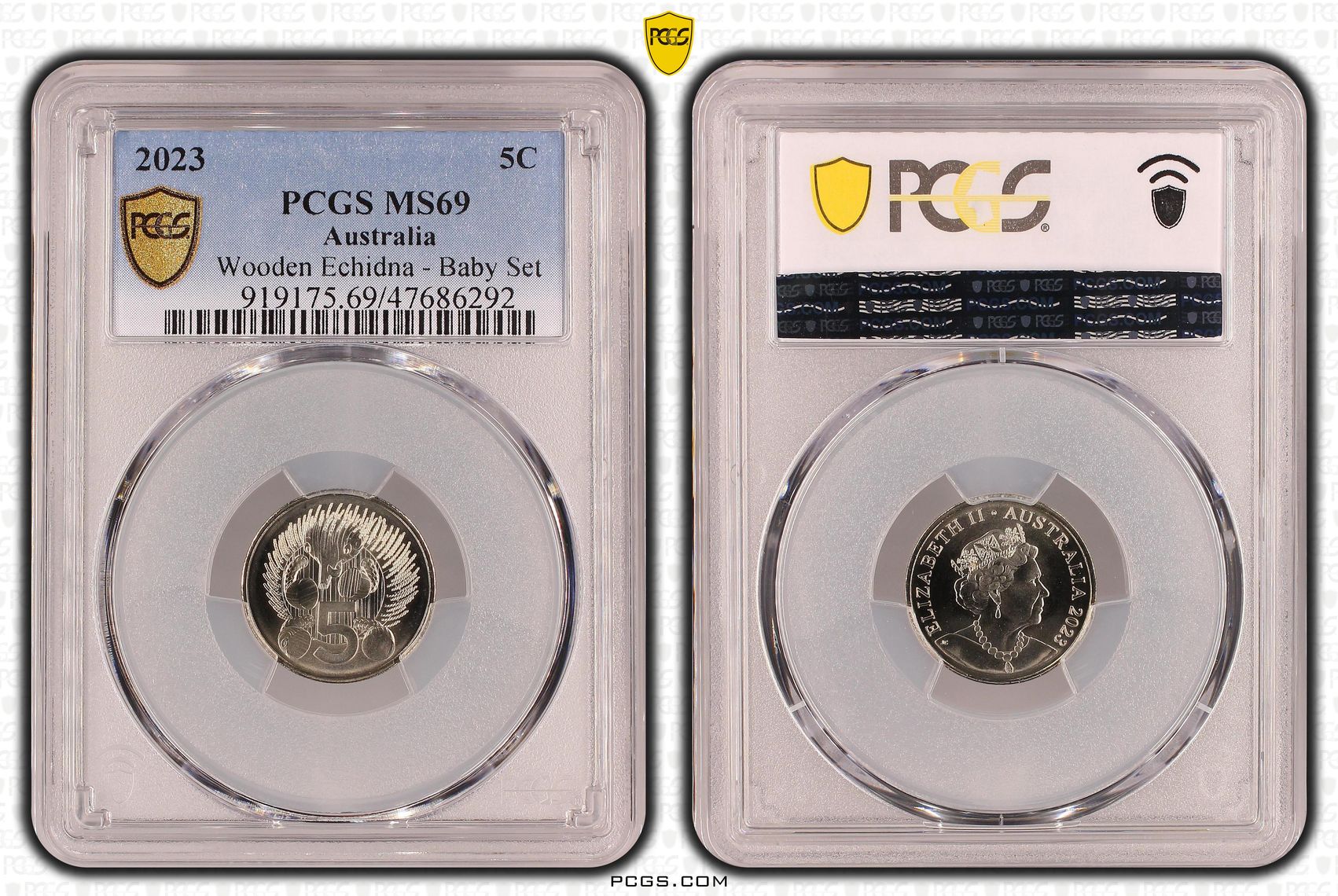 Elizabeth II, Wooden Echidna - Baby Set, Five Cent, 2023, PCGS MS69