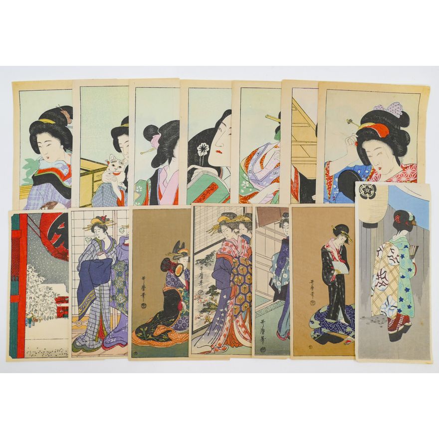 Box 14pc Old Japanese Small Woodblock Prints - Postcard Size