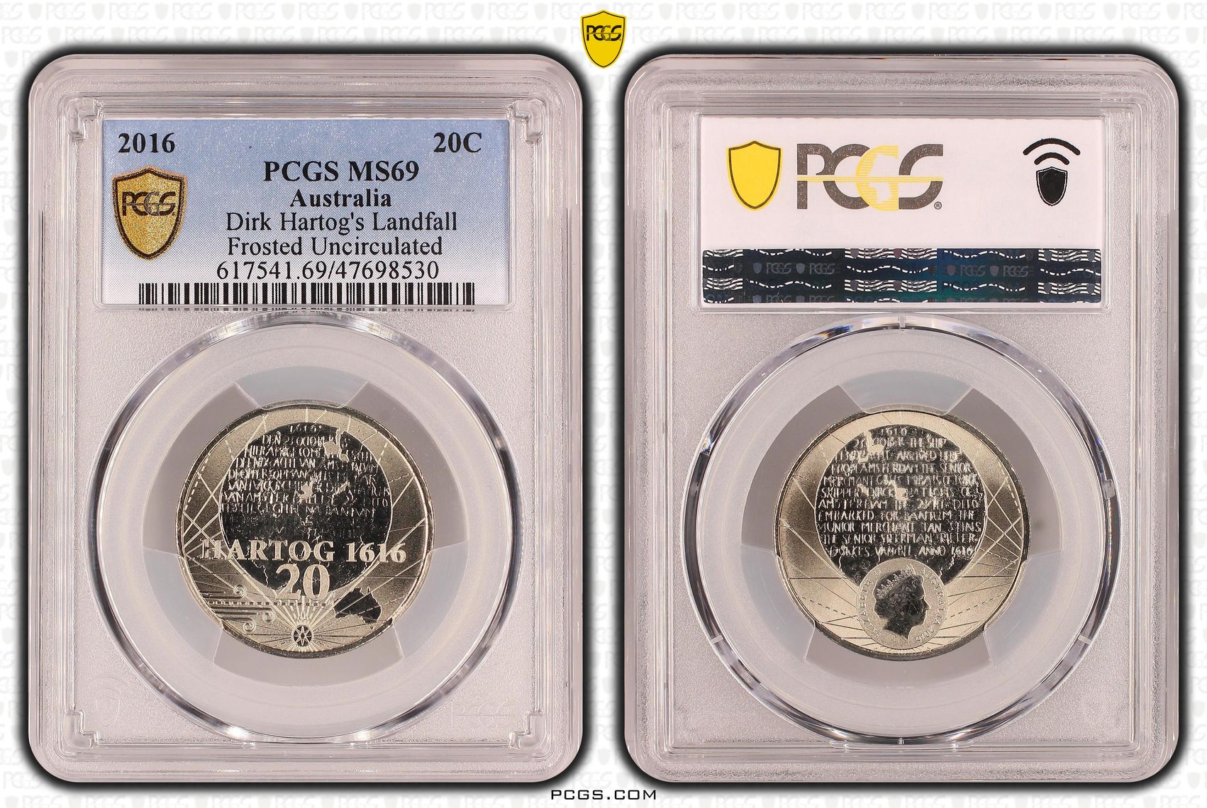 Elizabeth II, 400th Ann Dirk Hartog's Landfall Frosted Uncirculated, Twenty Cent, 2016, PCGS MS69