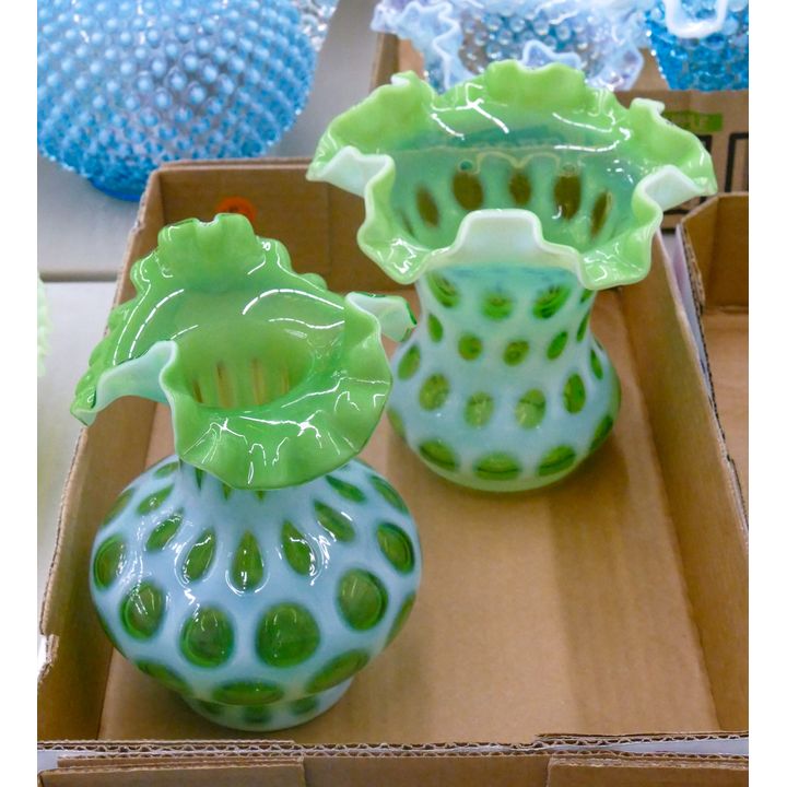 Box 2pc Fenton Coin Dot Green Glass Vases