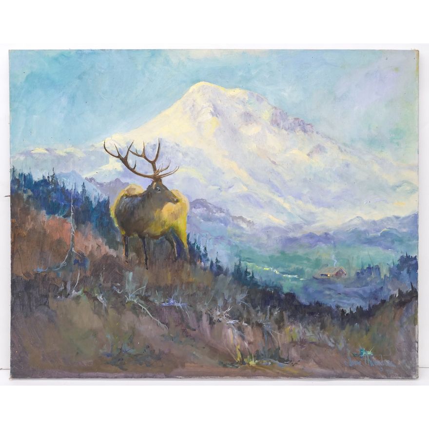 Gene Amondson ''Elk under Mt. Rainier'' 1996 Oil on Canvas 24''x30''
