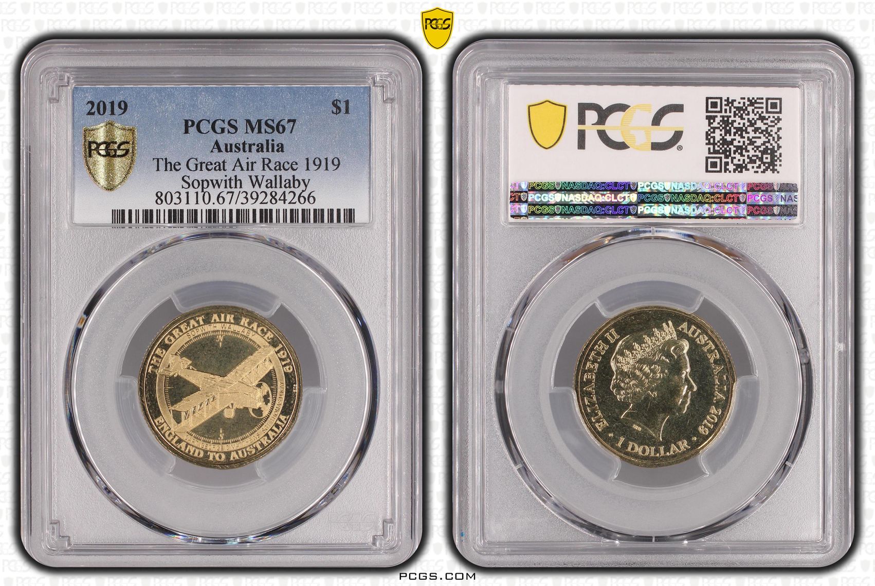 460 · The Great Air Race 1919 Sopwith Wallaby, One Dollar, 2019, PCGS MS67