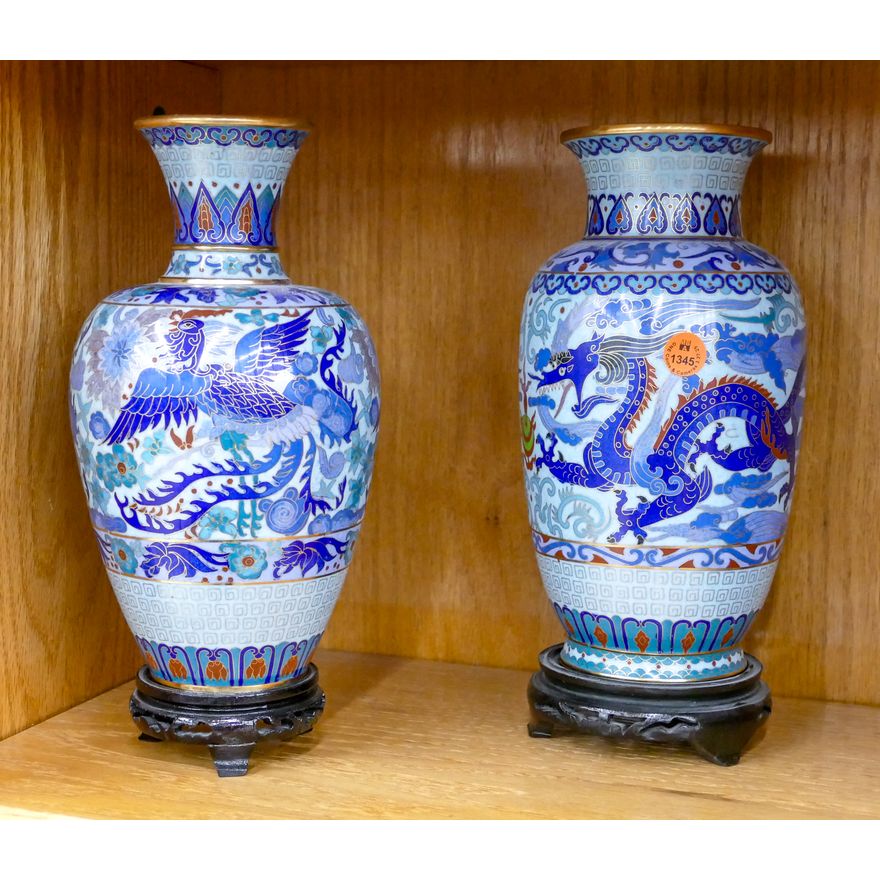 2pc Chinese Blue Dragon & Phoenix Cloisonne Vases on Stands