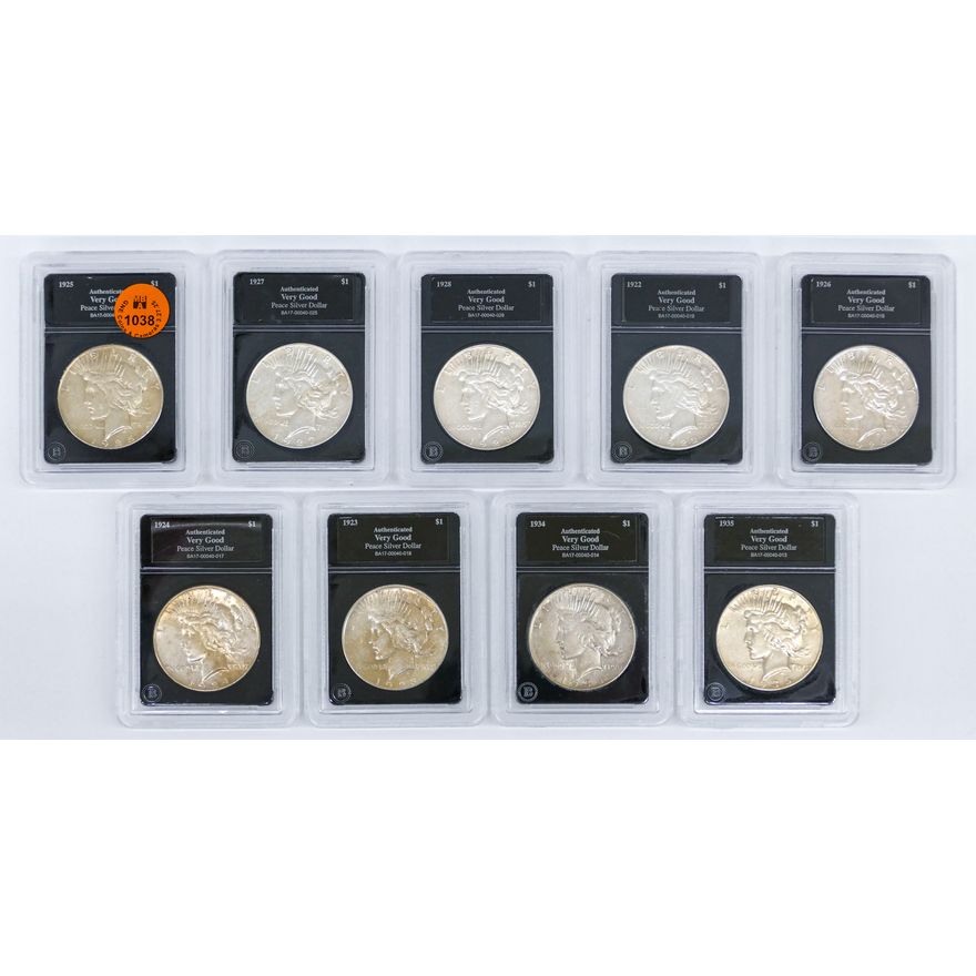 9pc US Peace Silver Dollars 1922-1935 Graded VG