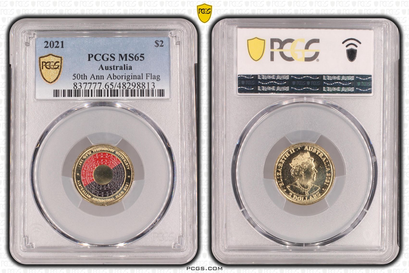 50th Ann Aboriginal Flag Colourised, Two Dollar, 2021, PCGS MS65