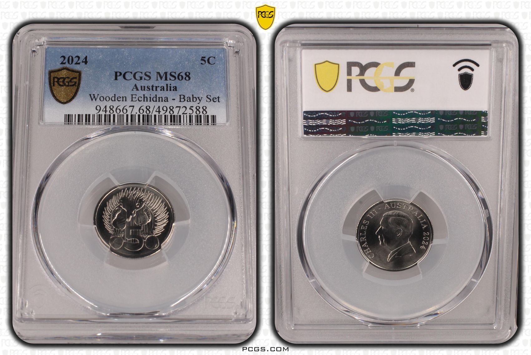 Charles III, Wooden Echidna - Baby Set POP 4/0, Five Cent, 2024, PCGS MS68
