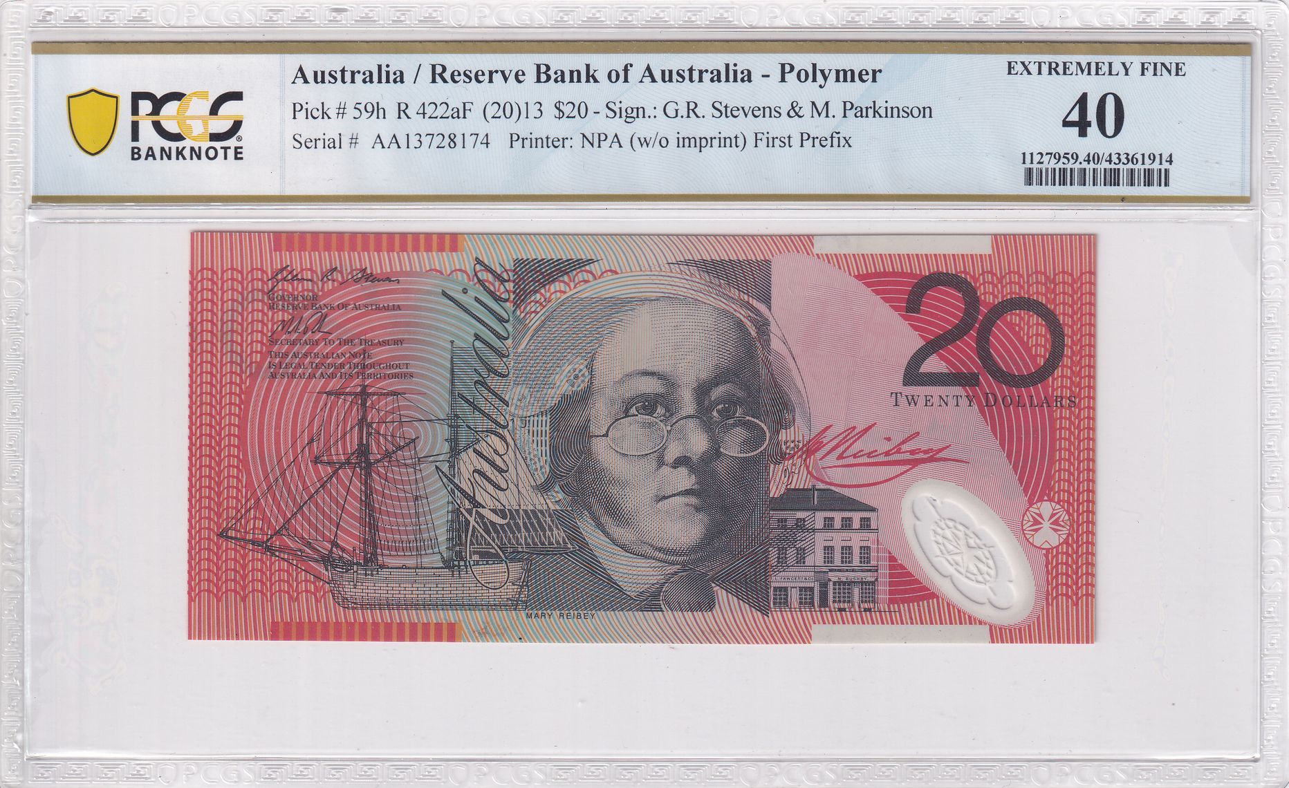 113 · R. 422aF, RBA, Polymer, Sign.: G.R. Stevens & M. Parkinson, First Prefix, Twenty Dollar, 2013, PCGS - Extremely Fine 40