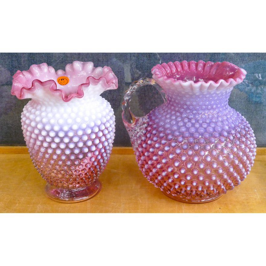 2pc Fenton Pink Hobnail Ruffled Vase & Pitcher